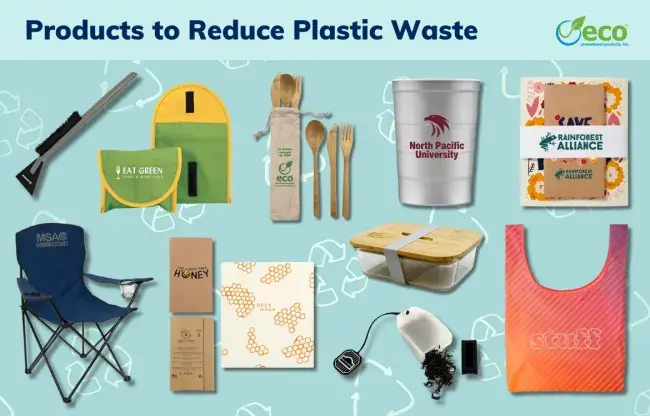 Products to reduce plastic waste - rpet chair, beeswrap, reusable bag, silicone tea bag, glass food container, steel cup, utensil set, swedish dishcloth, reusable sandwich bag, snow brush