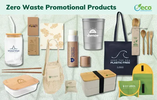 Zero waste promotional products - tumbler, bees wrap, food container, chopsticks, utensil set, sandwich bag, glass food container, cotton tote, stainless steel cup, plastic free lip balm, produce bag