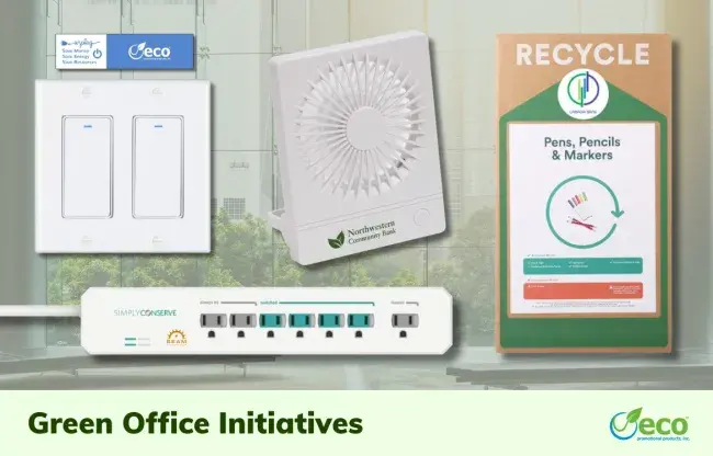 Office promotional products - save energy decal, power strip, recycle box, desktop fan