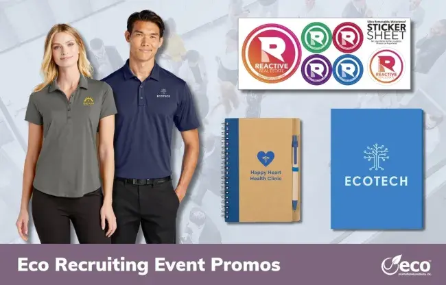 Recruiting events promotional products - polos, stickers, folder, notebook