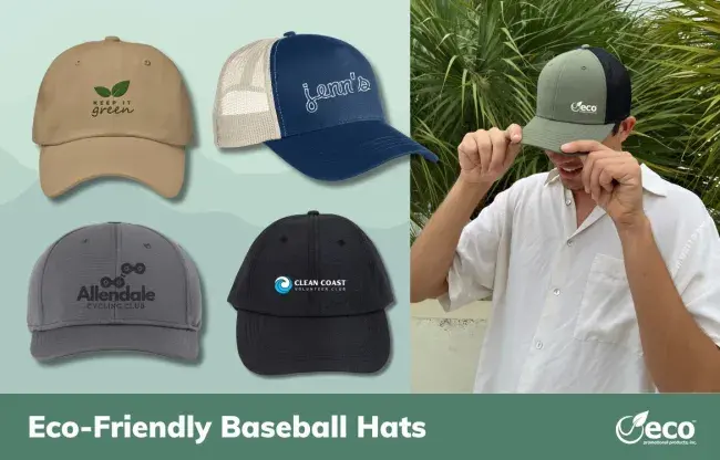 Various baseball hats in different colors with white text on green banner reading &quot;Eco-Friendly Baseball Hats&quot;