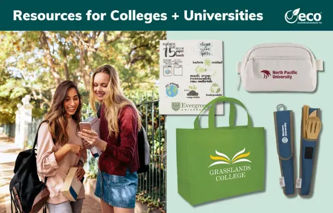 Green banner with white text that reads &quot;Resources for Colleges + Universities&quot; with photo of 2 college students and various branded promotional items for colleges