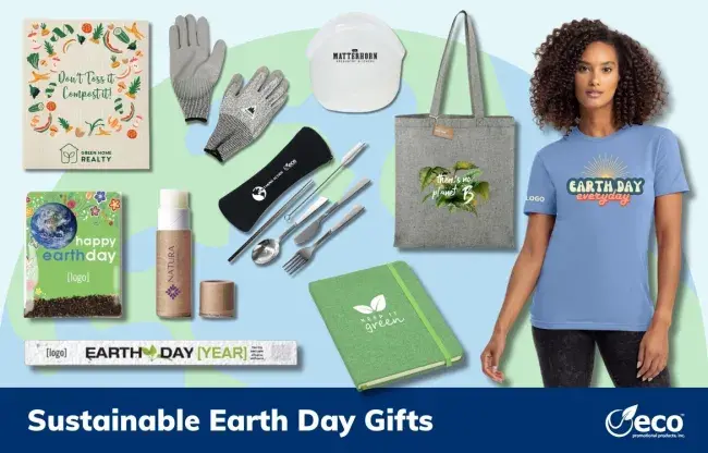 Earth day promos - dishcloth, seed packet, lip balm, wristband gloves, silicone food bag, utensil set, notebook, tote, t-shirt
