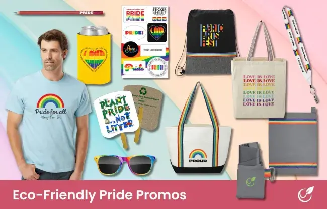 Eco friendly pride promotional products - t-shirt, pencil, fan, sunglasses, sticker sheet, coolie, lanyard, tote, travel blanket, drawstring backpack