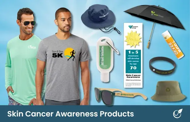 Skin cancer awareness promotional products - spf lip balm, sunscreen, bucket hat, sun hat with cord, recycled long sleeve shirt, uv sport t-shirt, sunglasses, bookmark, silicone wristband, umbrella