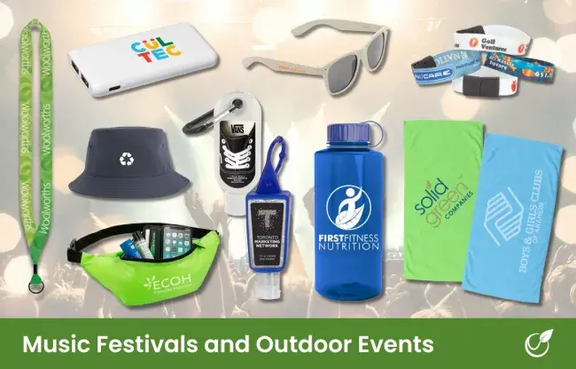 Promotional products for outdoor events - lanyard, water bottle, portable charger, hand sanitizer, sunscreen, bucket hat, fanny pack, towel, sunglasses, wristband