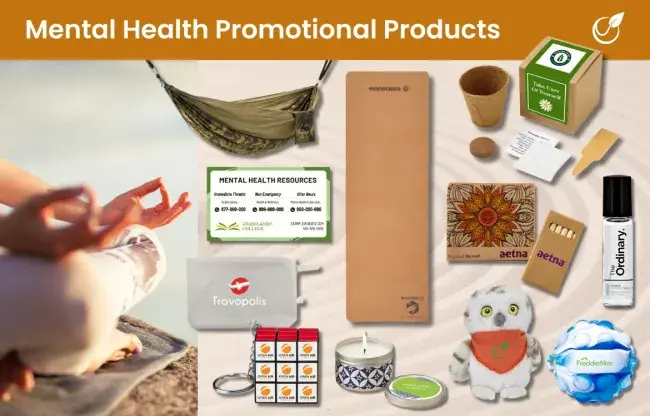 Mental health promotional products - mental health magnet, travel kit, stuffed animal, hammock, scented candles, coloring book set, essential oil, yoga mat, stress ball, grow box