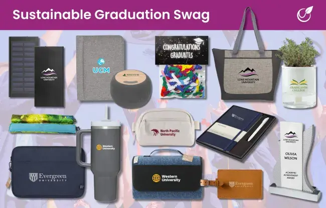 Products for college graduates - confetti packet, wrist support, stanley tumbler, portable solar charger, planter kit, bluetooth speaker, fanny pack, tote, stone award, luggage tag, padfolio, notebook set, laptop sleeve, picnic blanket