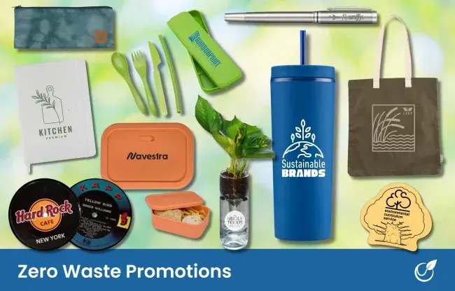 Zero waste promotional products - journal, food storage container, tote bag, recycled tumbler, biodegradable sponge, wheat straw utensil set, recycled vinyl coaster, planter kit, travel pouch, recycled refillable pen