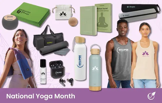 Products for yoga - tank tops, yoga mats, cork ball set, essential oil roller, wireless speaker, wellness journal, earbuds, water bottles