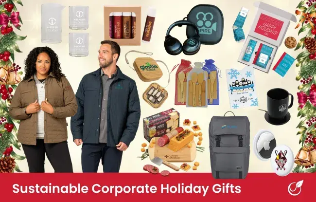 Sustainable corporate holiday gifts - recycled jacket, lip balm, cheese board, bamboo usb set backpack, bamboo utensil set, smart mug, air tag, sock gift set, headphones, cocktail glass set