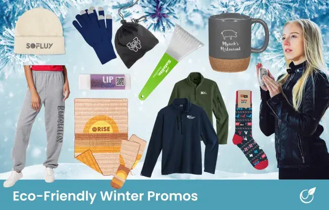 Winter promotional products - beanie, sweatpants, touch screen gloves, ice scraper, mug, socks, blanket, hand warmer phone charger, quarter zip, lip balm