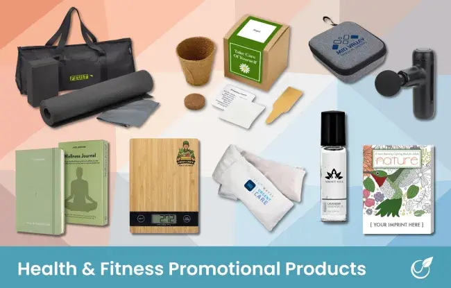 Health and fitness products - yoga mat, wellness journal, planter kit, massage gun, heating pad, coloring book, kitchen scale, essential oil roller bottle