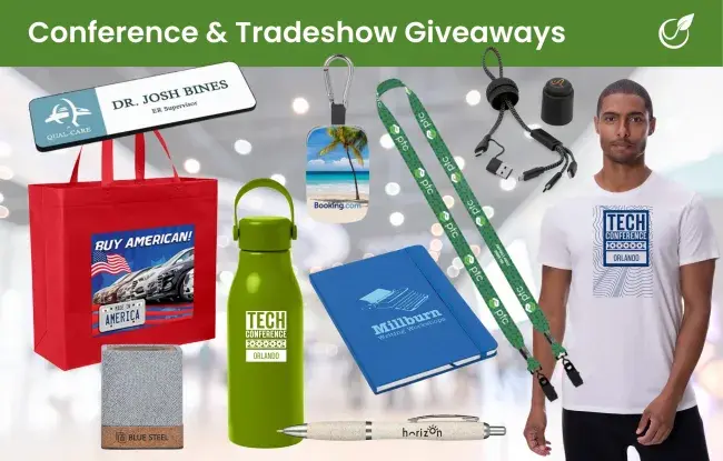 Top 10 conference giveaways - water bottle, tote, speaker, journal, pen, power bank, charging cables, t-shirt, lanyard, name badges
