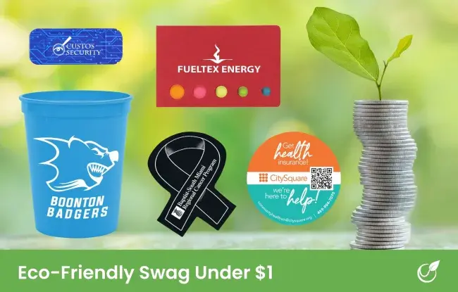 Sustainable promotional items under $1 - sticky notes, magnet, recycled cup, jar opener, privacy computer camera blocker