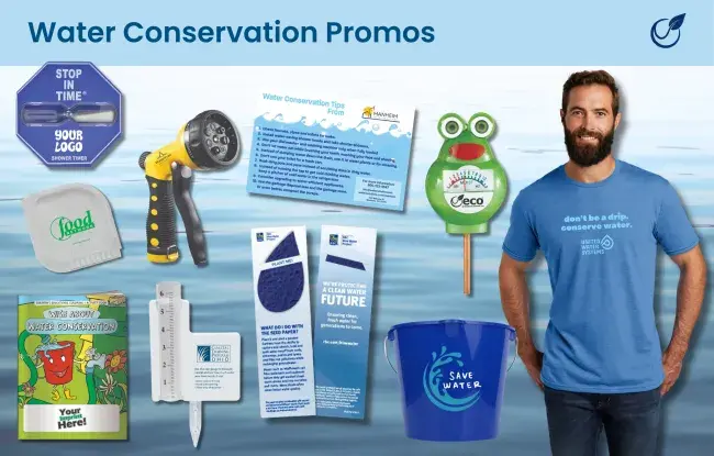 water conservation products - tshirt, nozzle, coloring book, pot scraper, conservation bucket, moisture meter, magnet, bookmark, rain gauge, shower timer