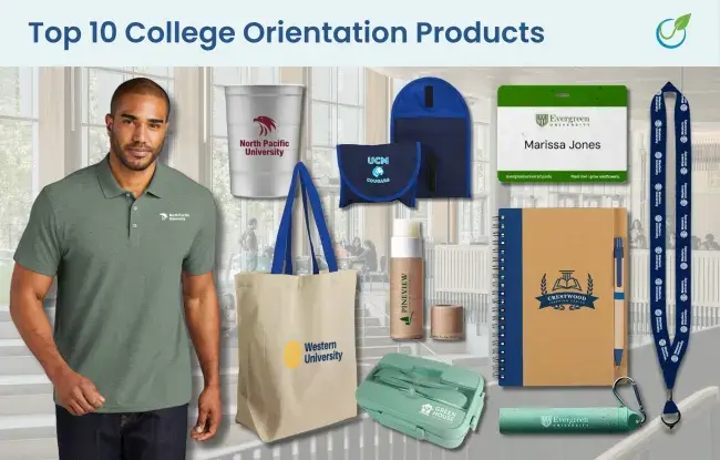 Top 10 Promotional Products For College Orientations - polo, tote, reusable sandwich bag, lip balm, mints, notebook, bag tag, lanyard, name badge, stainless steel cup