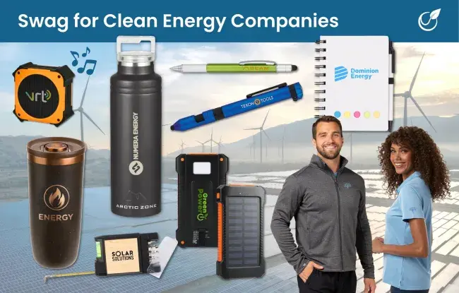 Swag for clean energy companies - apparel, reusable bottle, tumbler, pens, notebook, tool kit, speaker, power bank