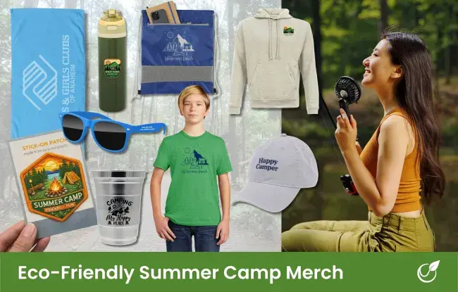 Summer camp products - t-shirt, cup, bottle, patch, hoodie, sunglasses, hand fan, hat, towel