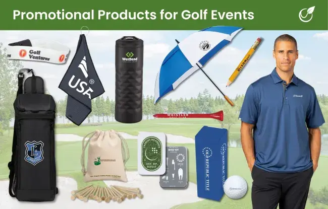 Sustainable golf products - golf cooler bag, towel, umbrella, accessories kit, golf tees, tumbler, golf ball sleeve, golf pencil, wristband, polos