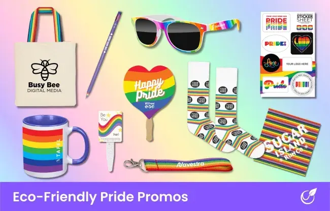 Eco friendly pride promotional products - tote, mug, sunglasses, pencil, fan, stickers, bandanas, socks, grow sticks, lanyard