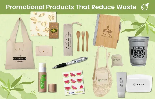 Promo products for summer - tote, bees wrap, utensil set, lip balm, pen, dishcloth, cup, notebook, produce bag, food storage