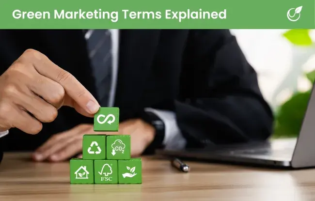 Text reading "green marketing terms explained" with a person playing with green icon blocks