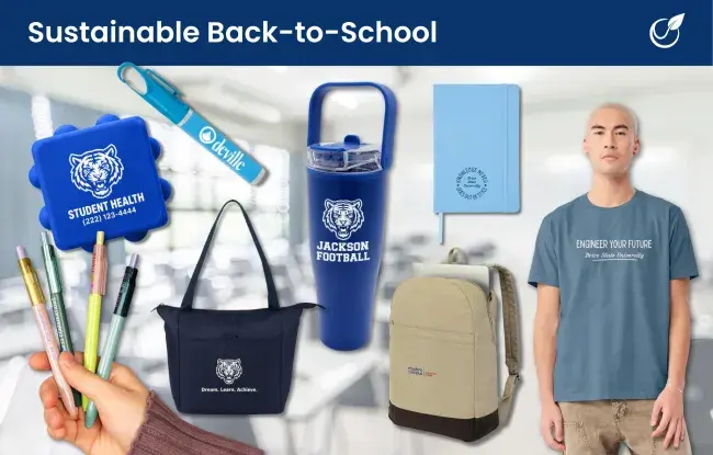 Sustainable back to school promotional products - pens, fidget cube, hand sanitizer, water bottle, backpack, lunch bag, notebook, t-shirt