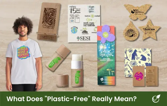 Plastic free promotional products - t-shirt, bamboo phone stand, lip balm, dishcloth, bookmark, coasters, bees wrap