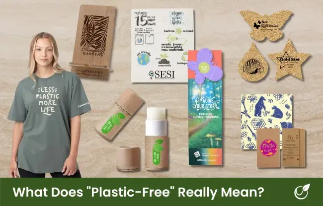 Plastic free promotional products - t-shirt, bamboo phone stand, lip balm, dishcloth, bookmark, coasters, bees wrap